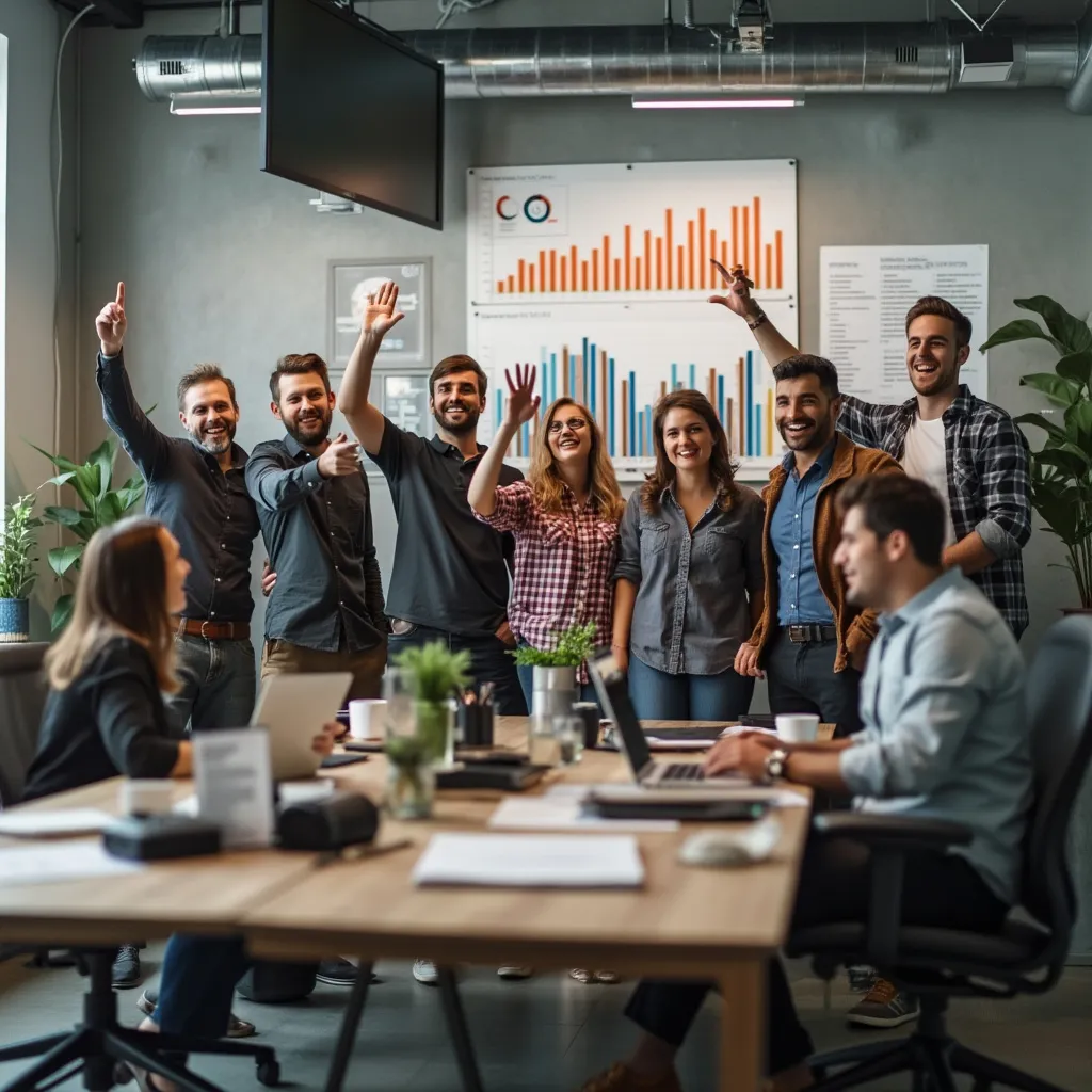 Equipo celebrando éxito en empresa tecnológica